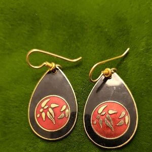 Laurel Burch "Bamboo" Gold-Trim Black Teardrop Earrings with Red Enamel Accent